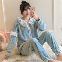 珊瑚绒睡衣女秋冬季加厚加绒法兰绒套装可外穿公主风大码家居服春 FZ#5615湖蓝 [加厚款] M