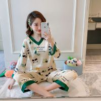 睡衣女春秋季冰丝薄款长袖韩版仿真丝甜美夏天女士性感家居服套装 九分长袖[菠萝熊猫] M码[建议80-95斤]