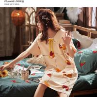 睡衣女士夏天棉质睡裙女韩版可爱学生加大码少女孕妇家居服胖mm装 705卡其草莓 3XL 145-160斤