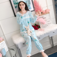 睡衣女春秋款韩版学生可爱少女大码宽松长袖家居服外穿公主风夏 蓝色仙人掌 M码建议80-105斤