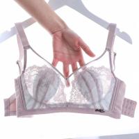 内衣女薄款无钢圈文胸大胸显小防下垂聚拢上托调整型性感蕾丝套装 紫粉(单件) 75BC 34(通杯)