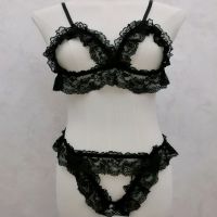 性感内裤情趣内衣制服可插入免脱血滴子大码睡衣极度诱惑调情大码 黑色露咪文胸+开口内裤 M:80-110斤