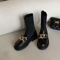 黑black*色 建议脚长加0.5CM 女童靴子马丁靴13岁洋气袜子靴金属扣短靴春秋儿童走秀表演单靴潮[11月17日