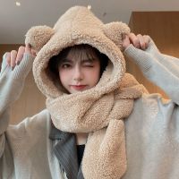 帽子围巾口罩手套(卡其不带口罩) 帽子围巾一体女秋冬天围脖电动车小熊可爱骑车防风防寒保暖套头帽