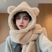 三件套米色 小熊帽子女士秋冬天围巾一体可爱韩版骑车防风防寒保暖手套三件套