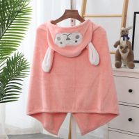 普通款-长耳兔粉色70*140 儿童浴巾带帽斗篷可穿可裹加厚不掉毛宝宝浴袍婴儿披风新生儿抱被