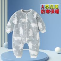 法兰绒-[灰色白极熊] S码[适合身高73CM以下] 婴儿睡袋儿童宝宝秋冬季加厚款法兰绒分腿睡衣中小童珊瑚绒防踢被
