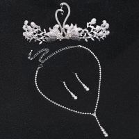 H2(皇冠+项链+耳环针) 简装(无礼盒)运输有加厚箱装 新娘头冠项链三件套装韩式白色婚纱礼服配饰品结婚发饰天鹅女王冠