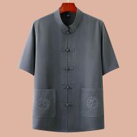 [单件上衣]04款-深灰色 39/165[建议90-115斤穿] 中老年人汉服男棉麻套装夏季短袖唐装中国风男装爸爸夏装爷