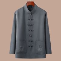 深灰色-01款[单件上衣] 39/165[建议90-110斤穿] 唐装男长袖棉麻套装夏季薄款中老年人衣服中国风男装爸爸爷