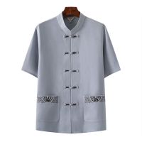[棉麻单件]灰色 39/165建议90-115斤 唐装男中老年短袖套装夏季爸爸装爷爷中国风男装老年人汉服衣服夏
