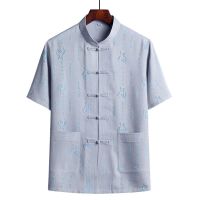 [单件上衣]福字灰色 39/165建议90-115斤 中老年人唐装男棉麻短袖套装爸爸夏装中国风男装汉服爷爷老人衣服