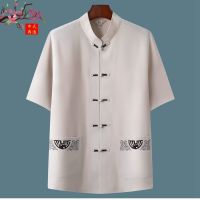 米黄色金丝扣单件 40/170建议115-130斤 唐装男中老年汉服中国风短袖休闲套装单件爷爷半袖复古男装爸爸装