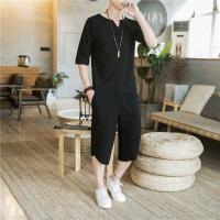 黑色W18 M(80-110斤) 夏季佛系中国风男装套装复古风式唐装男潮牌宽松大码道袍开衫汉服