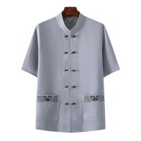 灰色/金丝扣[单件上衣] 165/39码 [穿95-115斤] 唐装男棉麻短袖男装套装夏季老年人夏装爸爸装汉服爷爷装夏天