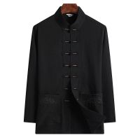 黑色长袖[单件上衣] 40/170[建议115-130斤] 唐装男中老年冰丝棉长袖套装中国风男爸爸夏装老人衣服爷爷装汉服