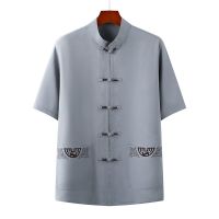 [单件上衣]灰色 39/165建议90-115斤 男士民族唐装男棉麻短袖套装爸爸汉服爷爷复古男装中老年复古衣服