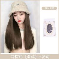 冷棕色[混丝]米色帽子+发网 假发女长发假发帽子一体时尚仿真人发丝秋冬款全头套式自然长直发