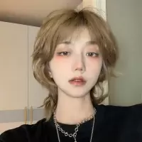 浅棕色 全头套+发网+发夹 假发套女全头逼真整顶短发男女狼尾鲻鱼头套刘海中长发cos全套头