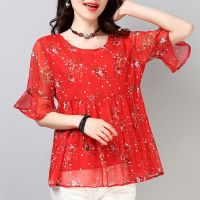 红色 S 200斤胖mm雪纺衫短袖加肥加大码女装上衣碎花宽松T圆领洋气小衫