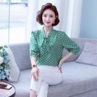 绿色波点 M 建议80--95斤 新款波点印花蝴蝶结系带衬衫2021夏洋气打底女式甜美七分袖上衣
