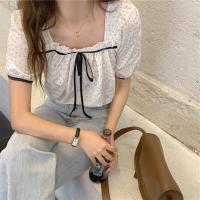 白色 S 建议80-95斤 夏季2021新款小清新碎花系带方领露锁骨减龄泡泡短袖衬衫上衣女装