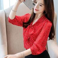 红色72 M 蝴蝶结系带妈妈衬衫女2020春装新款春季七分袖波点上衣遮肚子小衫