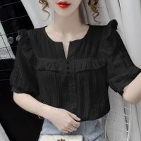 普通黑色 S 建议80-100斤 夏季女士雪纺衬衫短袖女装2021新款潮上衣设计感韩版显瘦薄款衬衣