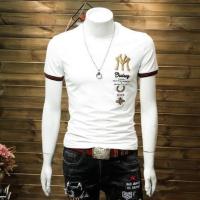 白色 M 刺绣短袖T恤男士青年修身韩版时尚圆领欧美撞色半袖小衫大码男装T