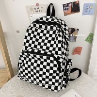 ins日系校园书包女初中生原创小众棋盘格大容量双肩包大学生背包 棋盘黑白格(轻薄款) 单包