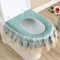 马桶三件套马桶垫圈四季加绒保暖垫马桶罩子拉链式坐便器罩布艺粘 加厚宝宝绒浅蓝花边马桶圈