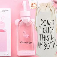 可爱成人奶瓶玻璃学生粉嫩少女心便携吸管奶嘴杯方形杯家用放包包 火烈鸟单杯送袋子(不带奶嘴