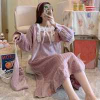 特价珊瑚绒秋冬季睡衣女2020年新款加厚法兰绒睡裙家居服紫色 MEYFM-2009-方领绒裙-紫色 M [关注店铺有小礼
