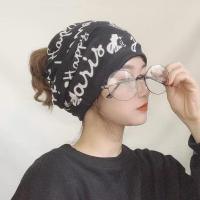 柔软舒适双层防风保暖套头孕产妇帽子用品坐月子头巾弹力发带头箍 黑色小英文字母