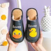 秋冬季儿童棉拖鞋PU皮中大童保暖防水居家男童女童防滑包头棉拖鞋 深蓝色 27-28码/内长17cm