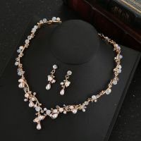 韩式新款新娘项链简约闪耀女王生日套装项链耳环头饰晚礼服配饰品 款式1#金色 简装