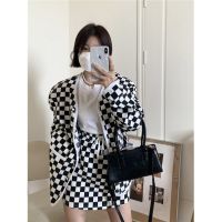 洋气棋盘格时尚套装女中长款外套上衣春秋季抽绳A字半身裙两件套 裙子 M [建议80-100斤]