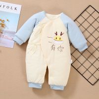 秋冬新款新生婴儿斜襟婴儿宝宝系带夹棉加厚卡通连系带连体衣爬服 蓝色一路有你(薄棉款) 52 (待产5-7斤)