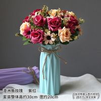 客厅摆设仿真花艺摆件家居室内餐桌茶几装饰玫瑰花束塑料假花盆栽 紫红澳洲角玫+麻绳蓝瓶