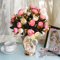 花+花瓶仿真花假花花艺套装镀金陶瓷花瓶欧式家居饰品摆件 粉茶苞 6寸金瓶