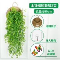 仿真金钟柳壁挂装饰室内假花藤条客厅墙面挂壁塑料户外吊兰绿植 2束短款绿色 不带篮子