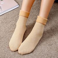 袜子女中筒加绒加厚雪地袜秋冬季男短袜保暖棉袜长筒袜毛圈地板袜 卡其色 1双棉竖条随机