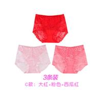 3条装 超弹性内裤大码性感蕾丝女内裤中腰内裤女 [C款]大红+粉色+西瓜红 均码