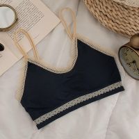 内衣女学生韩版新款美背裹胸螺纹蕾丝吊带背心聚拢乳胶文胸女抹胸 墨蓝色 L(适合100-130斤)