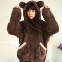 秋冬季韩版加厚加绒珊瑚绒睡衣女士法兰绒可爱学生冬天家居服套装 橄榄棕色 棕色熊 M 码[建议80-100斤]