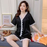 新款冰丝睡衣女夏季短袖短裤V领甜美花边两件套可爱甜美装家居服 [花边]黑色 M 80-100