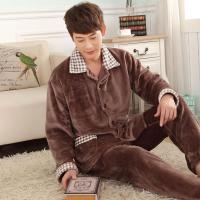 法兰绒睡衣男冬季加厚加大码男士睡衣秋冬家居服珊瑚绒套装可外穿 8807咖啡色格子领 L[100-125斤]