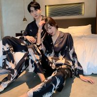 情侣装睡衣女春秋季冰丝薄款长袖长裤套装性感学生ins家居服男士 仙鹤黑色 长袖 女M 建议80-98斤
