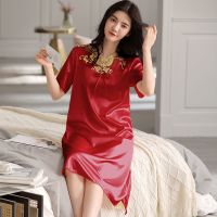 大码睡衣女夏宽松冰丝套装夏季性感睡裙胖mm加肥加大码200斤丝绸 TY6605红色丝绸睡裙 M 80斤-100斤