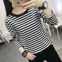 长袖t恤女2021秋冬条纹女装上衣中年妈妈宽松大码加绒加厚打底衫 2137黑白 M 建议85-100斤穿